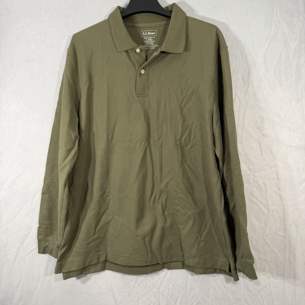 LL Bean Shirt Mens XL Long Sleeve Polo Green Traditional Fit Premium Large